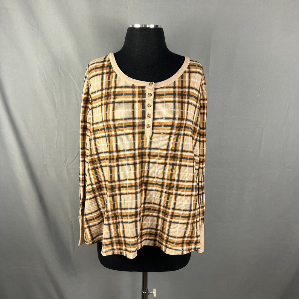 Terra & Sky Henley Top Womens 2X Multicolor Plaid Waffle Knit Button Placket